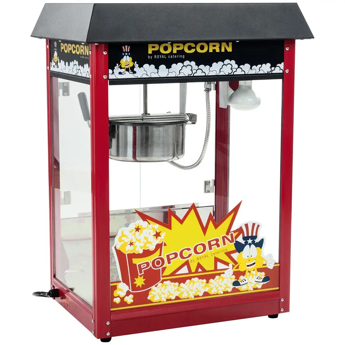 Machine à pop-corn professionnelle avec vitrine éclairée et toit noir à louer chez Funny Gonfle dans le Haut-Rhin