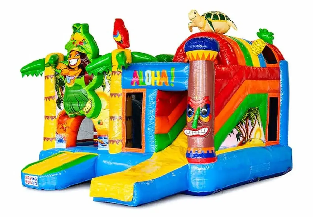 Château gonflable Hawaii thème tropical avec toboggan, en location dans le Haut-Rhin