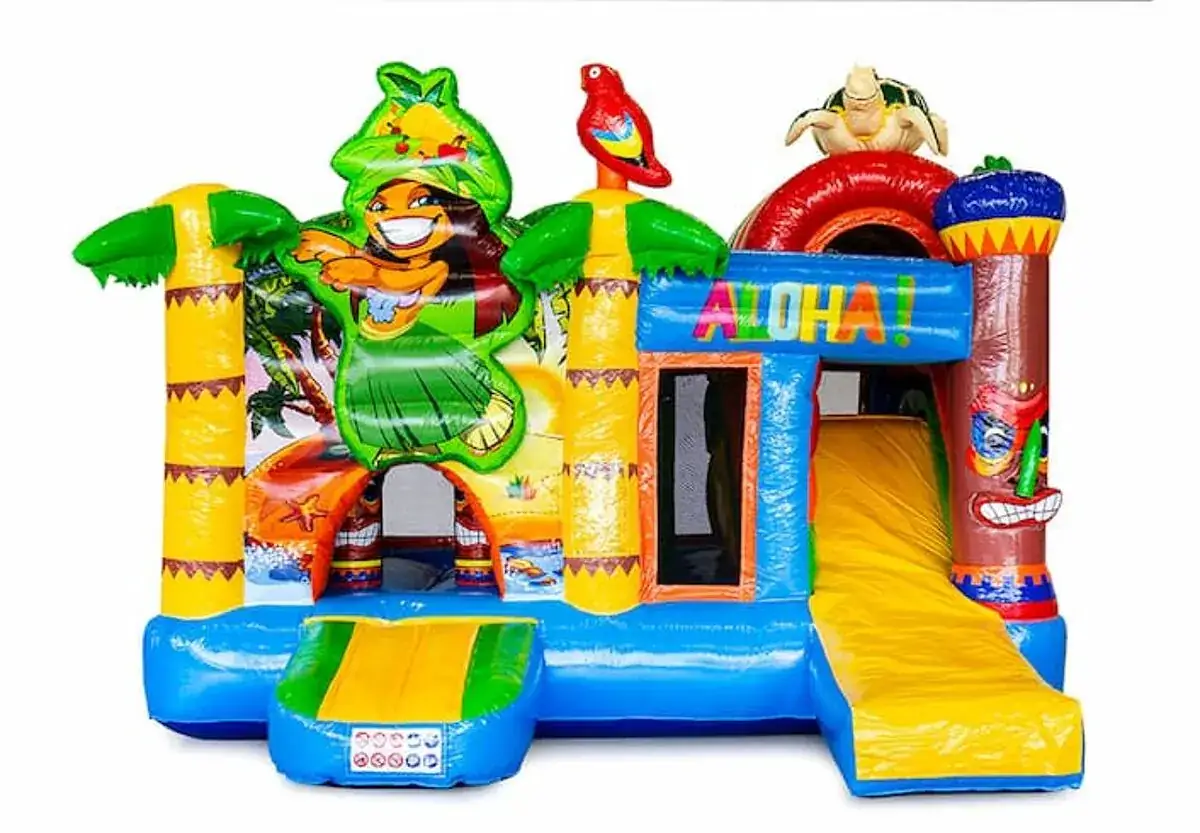 Château gonflable Hawaii thème tropical avec toboggan, en location dans le Haut-Rhin — vignette 2