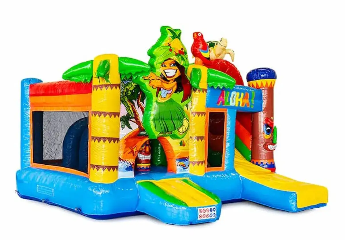 Château gonflable Hawaii thème tropical avec toboggan, en location dans le Haut-Rhin — vignette 3