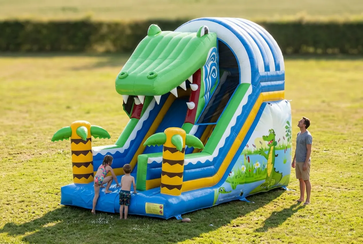 Toboggan gonflable Crocodile de 5 m de haut avec deux enfants et un adulte à côté pour visualiser la hauteur réelle